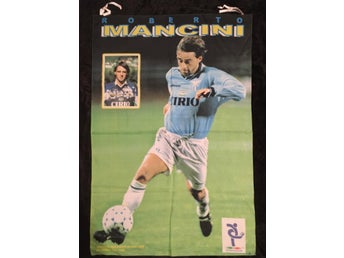 Fotbolls flagga MANCINI ROBERTO (tyg-affish) från 1998 i nytt skick Samlarobjekt