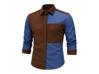 O-märkt Patchworkskjorta Denim Cord 3/4 Ärm Avslappnad Passform Vingkrage