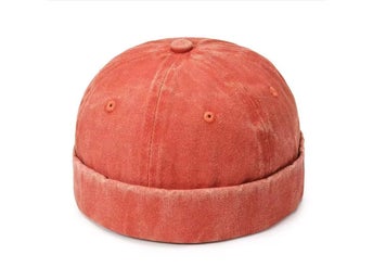 Docker hat, brimless cap, faded/washed cotton, Orange, free delivery
