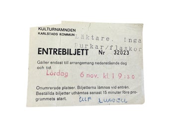 Entrébiljett Ulf Lundell Karlstad 6 Nov 1976 Vintage Konsertbiljett Sundsta