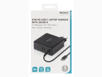 Deltaco 60W USB C Laptopladdare, 2x USB A, PD, 3A, svart Deltaco 60W USB C Laptopladdare, 2x USB A, PD, 3A, svart
