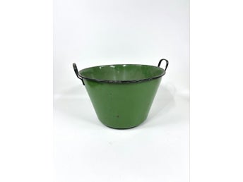 Vintage grön emaljerad balja med handtag , 1900-tal