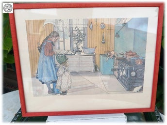 Underbar Carl Larsson tavla med döttrarna Kersti och Susanne som kärnar smör vi