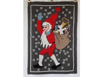Stor Vepa / bonad - Broderad julbonad med vinkande tomte - Retro