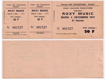 Roxy Music unused concert ticket, 4 dec. 1973 Palais des expo, Nancy, France