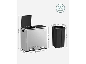 Songmics återvinningskärl, Double Trash Can, 2 x 24l, med 2 fack, silver LTB48NL