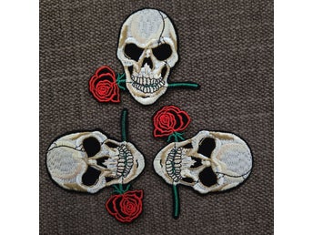 3 st Tygmärken Dödskalle med Ros strykapå patch laglapp