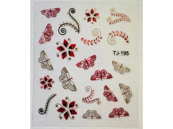 Nail art stickers röd guld metallic symboler blommor fjärilar mönster Y2K