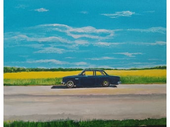 Akrylmålning En sommardag av Daniel Krön 40x30 ( Volvo 142, raps ,sommar