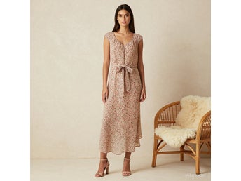 Blommig Klänning DAVID EMANUEL Beige 44 Midi A-linje Chiffong Kort Ärm Fodrad