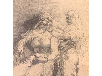 Träsnitt ”Carl Larsson: Tor och Loke i kvinnokläder” ur bok från 1915