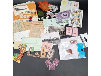 Vintage påse med 30 saker till Junk Journal, scrapbooking, pyssel m.m.