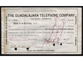 1882 New York: The Guadalajara Telephone Company (Mexico)
