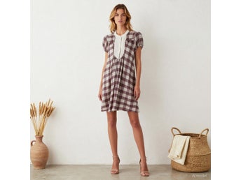 Elegant Klänning CUSTOMMADE Brun Rutig Kort Shift Puffärmar L Fri frakt
