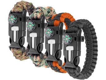 Paracord överlevnadsarmband med kompass & visselpipa – 4-pack armband överlevnad