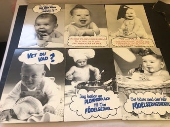 Vintage Grattiskort med Bebisar - 6 st Dubbla Svartvita Födelsedagskort Humor B