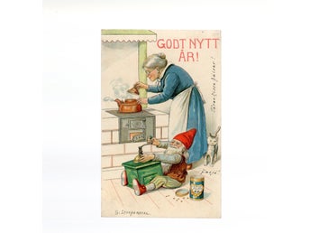 G Stoopendaal Godt Nytt År! (Gumma kokar kaffe tomte maler bönor, katt)