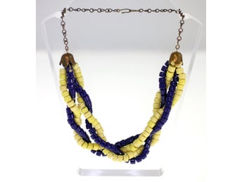 Vintage blue and yellow 4-strand beaded necklace-circa 1950s/60s UK-Weight: 64g
