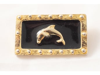 Delfin Val nålmärke brosch brooch - fisk svart guld enamel emalj