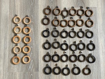 45 GARDINRINGAR i mörkare brun och träfärgade TRÄ MORMORSRINGAR vintage