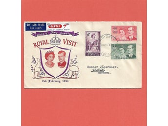 Australien luftpost FDC Royal Visit 2.5.54 till Sverige vinjett