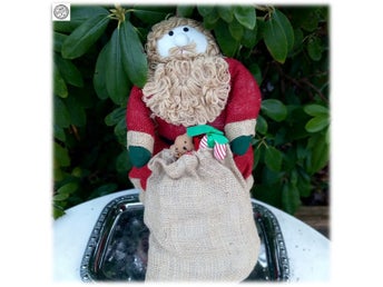 Äldre stor tomte i juteväv med jutesäck så verklig SÄLLSYNT Vintage