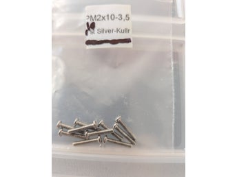 10 st skruv M2x10 mm. Silver. Platt skalle Ø3,5.