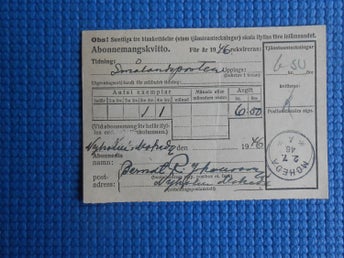 Abonnemangskvitto Smålandsposten 1946