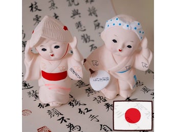 Vintage japanska Sado Okesa dansande dockor par keramik folkkonst