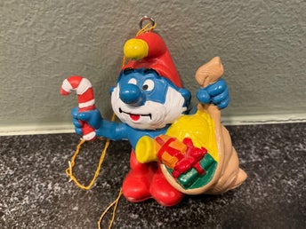 Smurf julgransprydnad med säck och polkagris, Schleich 1991