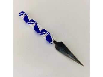 Beaded Double-Edged Knife - Blue White Seed Bead Handle - 15.5 cm