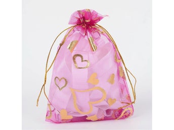 10 Stora Fuxia organza påsar med Guld Hjärter 18x13 cm.