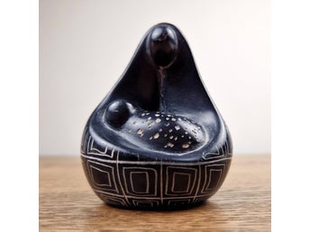 Stone Mother and Child Sculpture - Abstract Figurine with Geometric Carving
