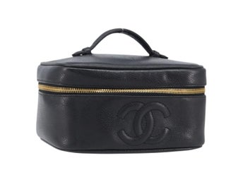 CHANEL Vanity kosmetikväska i svart kaviarskinn med guldfärgat CC-märke, äkta BA16061V
