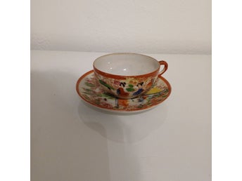 Vintage japanskt Kutani – handmålat set, 3 koppar + 1 fat (1950–70-tal)