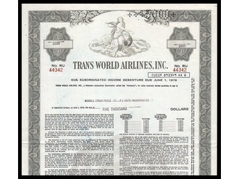 1961 TWA - Trans World Airlines Inc. - $5000 Debenture
