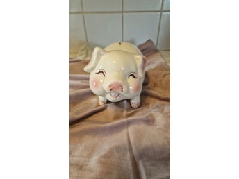 Charmig Vintage Spargris Keramikgris handmålad med originalpropp