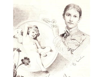 Träsnitt ”Carl Larssons fru Karin och Amor” ur tidskrift från 1883