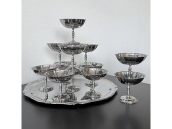Jean Couzon set 8 skålar RVS Franska vintage rostfritt stål glasskålar