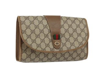 GUCCI GG Supreme Web Sherry Line Clutch Bag PVC Beige Guld 89 01 030 Autentisk