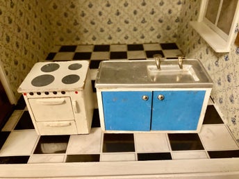 Vintage dockskåpsmöbler: Lundby kök 60-tal Spis och diskbänk