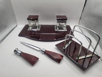 Retro vintage ~40-tal skrivbordsställ med bläckhorn, brevställ mm i sten marmor