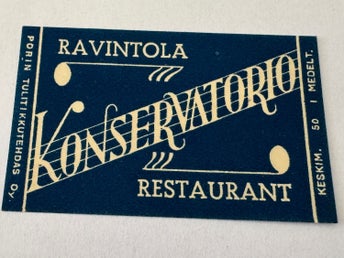 Suomi Finland Tändsticksetikett Ravintola Konservatorio res Pori Tulitikkutedas