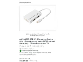 FLERPORTSADAPTER, 3 in 1 Mini Display,HDMI,DVI, DisplayPort-uttag Ord.pris 235kr