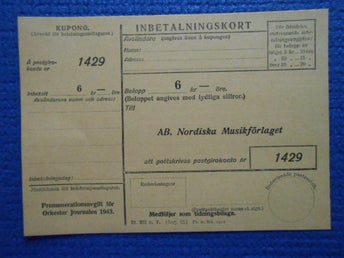 Inbetalningskort prenumerationsavgift för Orkester journalen 1943