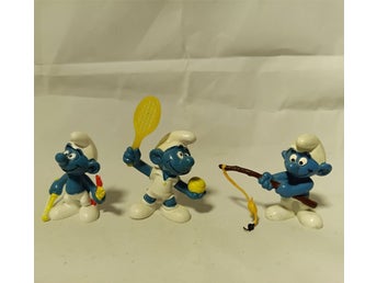 Smurf figurer, 3 st, Pilbågsskytt, tennisspelare, Fiskande smurf
