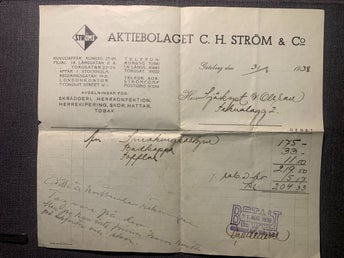Kvitto från Aktiebolaget C. H. Ström & Co i Göteborg från 1938