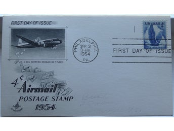 Första dags brev 1954, U.S. Air Mail 4 c Eagle, Philadelphia, Douglas DC 7 Flygplan
