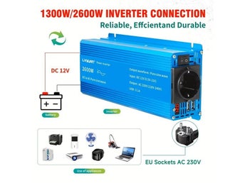 LVYUAN 1300W/2600W Ren Sinusvåg Inverter DC 12V till AC 230V