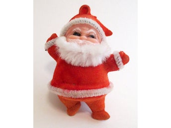 Gammal vintege retro tomte i plast klädd med sammet julgransprydnad, höjd 7 cm